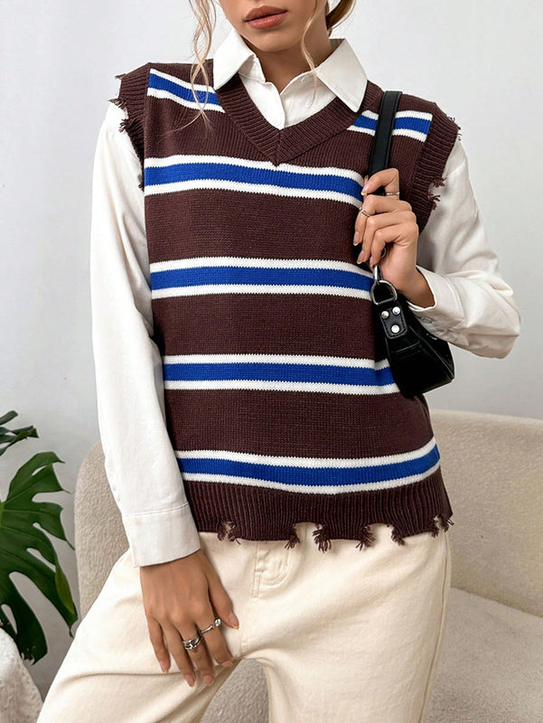 EZwear Chaleco de punto con patron de rayas ribete crudo