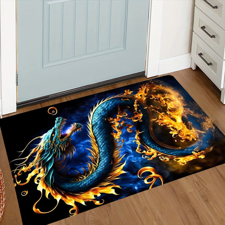 1pc Alfombra Antideslizante con Estampado de Dragón Mágico - Diseño de Llama Azul y Naranja Vibrante, Tapete de Poliéster Lavable en Máquina para Sala de Estar, Habitación de Juegos, Decoración para Dormitorio de Adolescentes - Regalo Duradero para el Ho