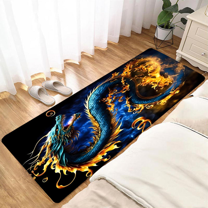1pc Alfombra Antideslizante con Estampado de Dragón Mágico - Diseño de Llama Azul y Naranja Vibrante, Tapete de Poliéster Lavable en Máquina para Sala de Estar, Habitación de Juegos, Decoración para Dormitorio de Adolescentes - Regalo Duradero para el Ho