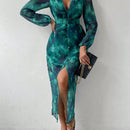 VCAY Vestido con estampado floral de cuello profundo de manga farol de muslo con abertura