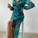 VCAY Vestido con estampado floral de cuello profundo de manga farol de muslo con abertura