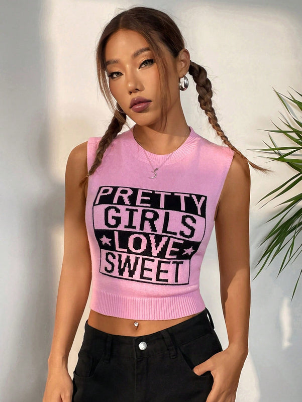 EZwear Chaleco de punto crop con patron de letra