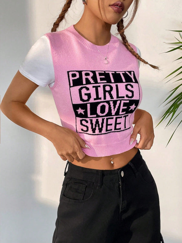 EZwear Chaleco de punto crop con patron de letra