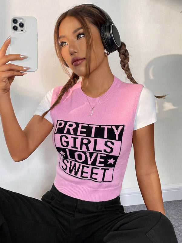 EZwear Chaleco de punto crop con patron de letra