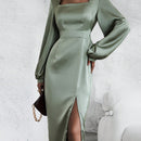 Vestido de cuello cuadrado de manga farol de muslo con abertura