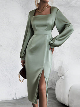 Vestido de cuello cuadrado de manga farol de muslo con abertura