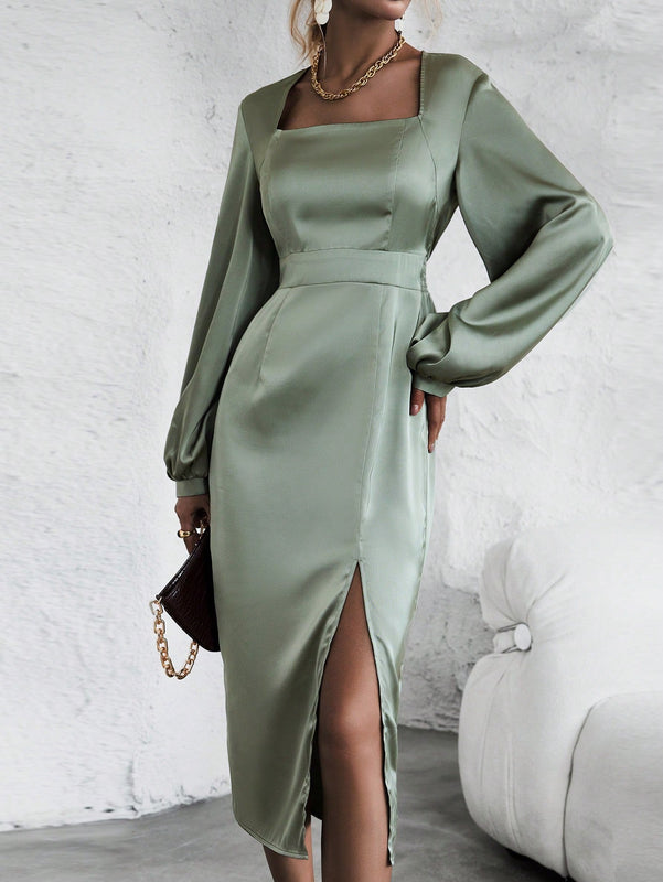 Vestido de cuello cuadrado de manga farol de muslo con abertura