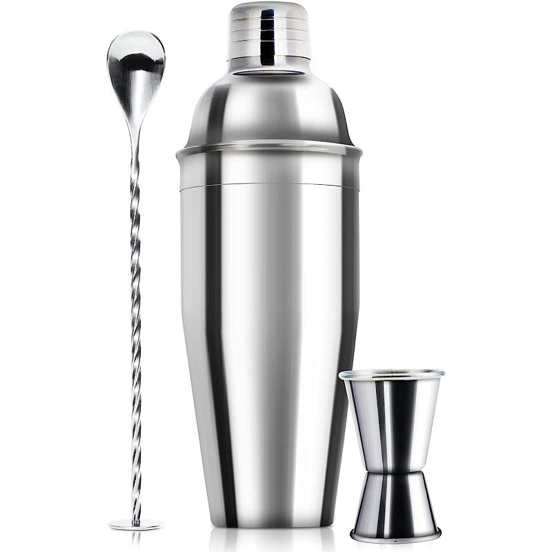 Juego de coctelera de acero inoxidable de 24 oz con jigger y cuchara mezcladora - Kit de barman profesional con colador incorporado para Martini, Margarita y mezcla de bebidas