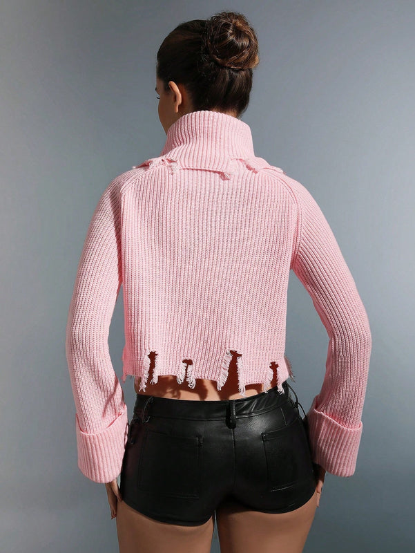 EZwear Jersey crop cuello alto tejido de canale roto bajo