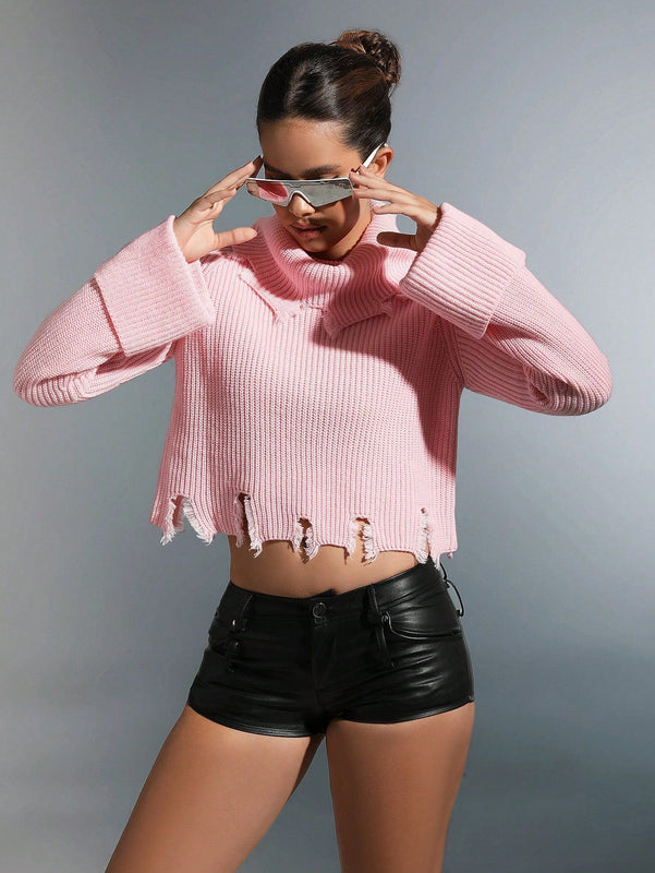 EZwear Jersey crop cuello alto tejido de canale roto bajo