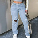 Jeans para mujer Boton Bolsillo Desgarro Cremallera Liso