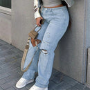 Jeans para mujer Boton Bolsillo Desgarro Cremallera Liso