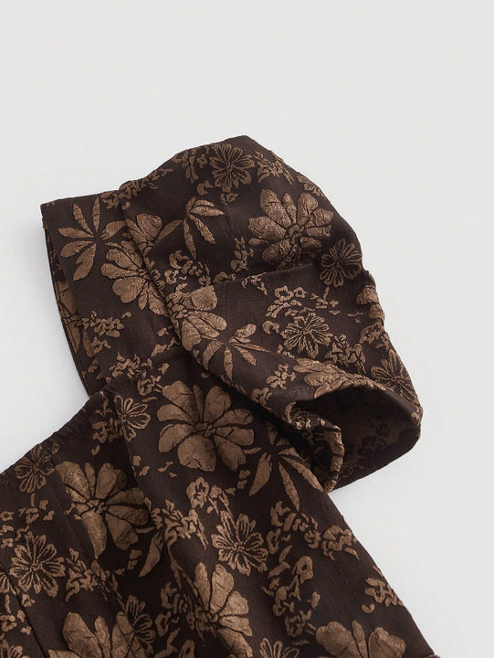 Mod vestido floral jacquard de cuello cuadrado de manga farol