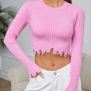 EZwear Jersey crop con bordado de slogan de manga raglan roto