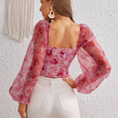 VCAY Top crop con estampado floral con nudo delantero de manga farol