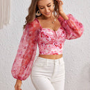VCAY Top crop con estampado floral con nudo delantero de manga farol