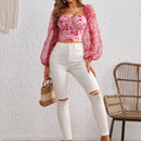 VCAY Top crop con estampado floral con nudo delantero de manga farol