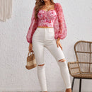 VCAY Top crop con estampado floral con nudo delantero de manga farol