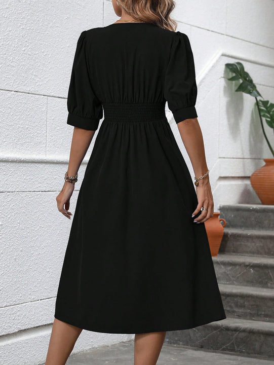 Vestido linea A unicolor con boton delantero de manga farol