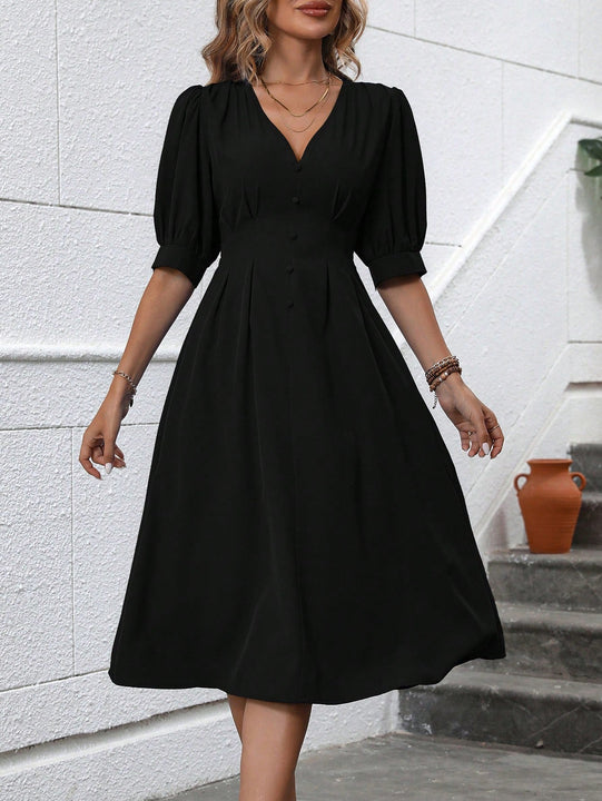 Vestido linea A unicolor con boton delantero de manga farol