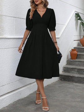 Vestido linea A unicolor con boton delantero de manga farol