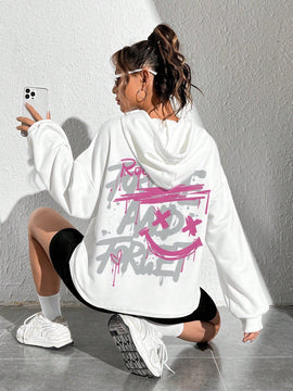 Ezwear sudadera con capucha informal y holgada para mujer con estampado de dibujos animados, adecuada para otono/invierno