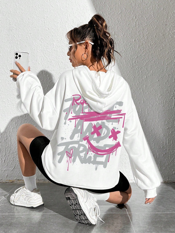 Ezwear sudadera con capucha informal y holgada para mujer con estampado de dibujos animados, adecuada para otono/invierno