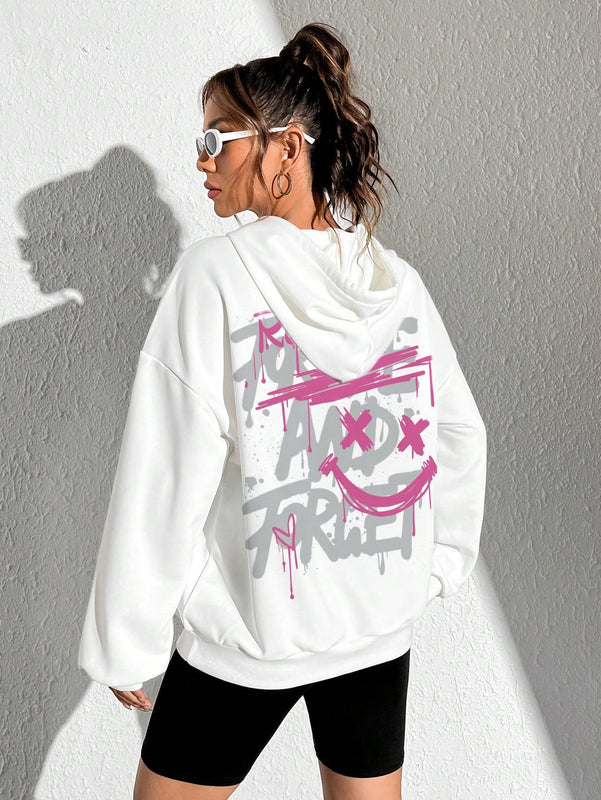 Ezwear sudadera con capucha informal y holgada para mujer con estampado de dibujos animados, adecuada para otono/invierno