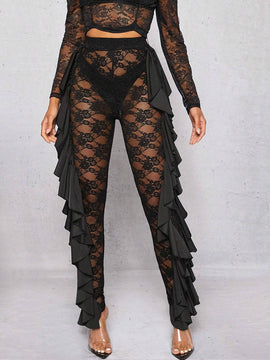 Haute Pantalones Superpuestos De Encaje Lateral Con Volantes