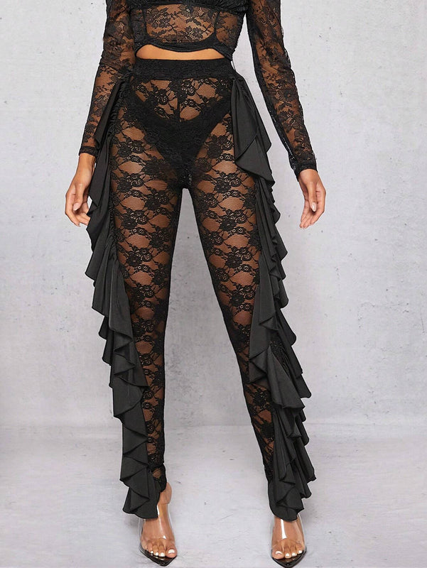 Haute Pantalones Superpuestos De Encaje Lateral Con Volantes