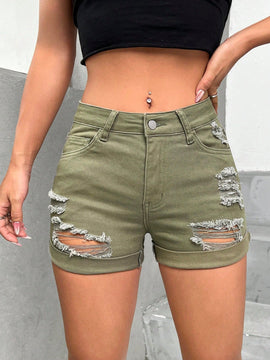 PETITE Shorts vaqueros con dobladillo enrollado y rasgados