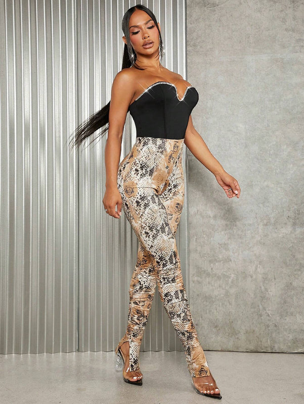 SXY Pantalones ajustados con estampado de piel de serpiente bajo con abertura