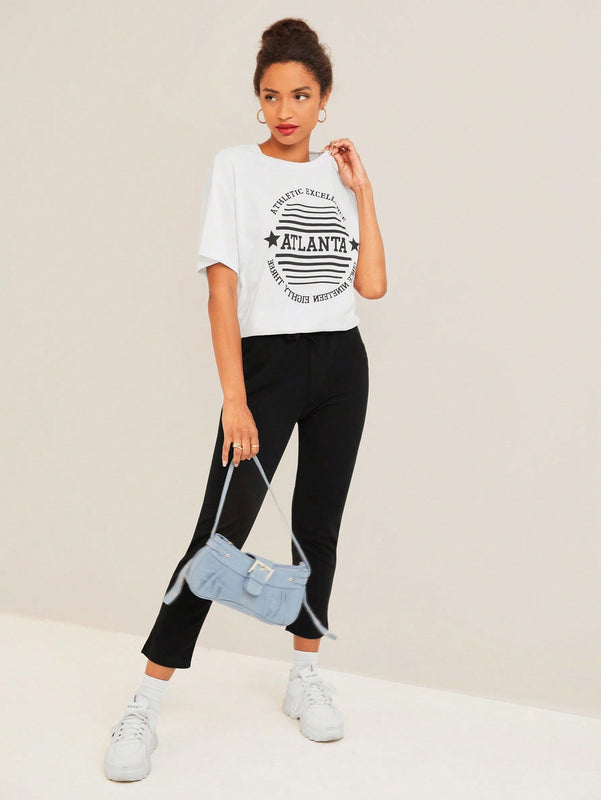 Pantalones unicolor de cintura con cordon crop