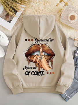 Icon sudadera con capucha termica con bolsillo tipo canguro, cordon y grafico de eslogan y labios, disfruta de tu tiempo personal, por favor manten la voz baja, hazte una taza de cafe
