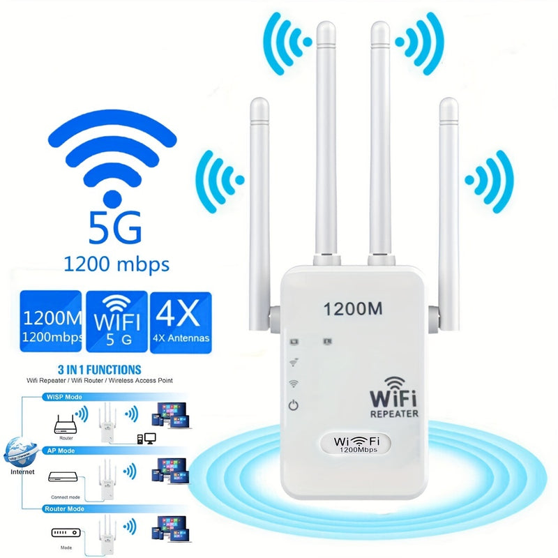 Repetidor de señal Wi-Fi inalámbrico de doble banda 2.4G/5G, 1200Mbps, amplificador de cobertura para el hogar, extensión de red y enrutador/AP
