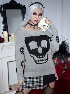 PUNK Jersey Halloween con patron de craneo de hombros caidos