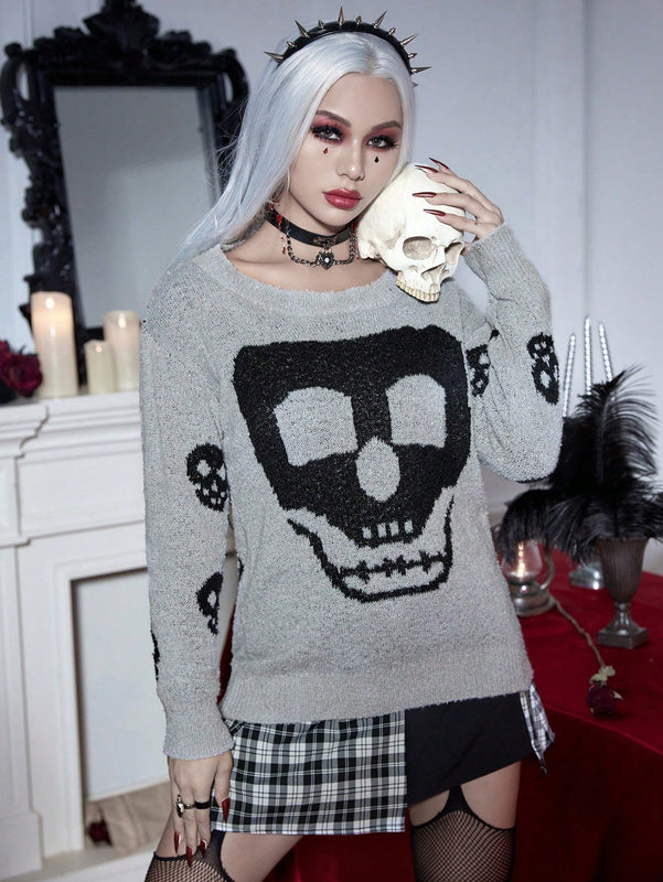 PUNK Jersey Halloween con patron de craneo de hombros caidos