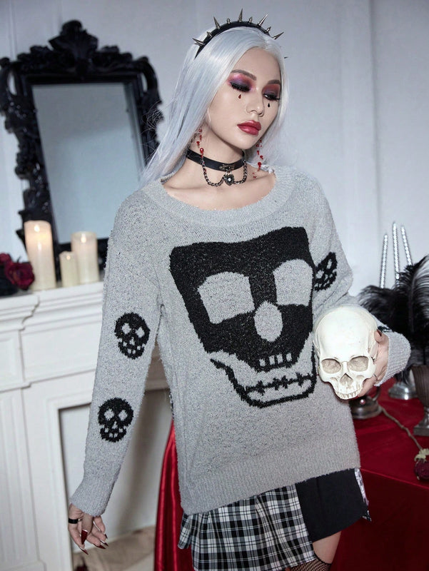 PUNK Jersey Halloween con patron de craneo de hombros caidos