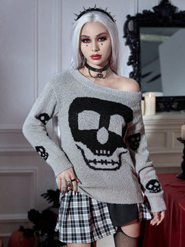 PUNK Jersey Halloween con patron de craneo de hombros caidos