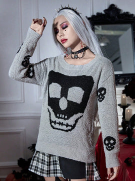 PUNK Jersey Halloween con patron de craneo de hombros caidos