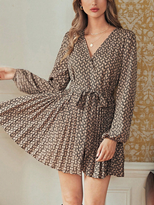 Frenchy Vestido con cinturon con estampado de manga farol