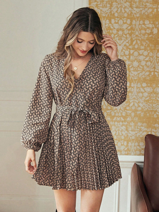 Frenchy Vestido con cinturon con estampado de manga farol