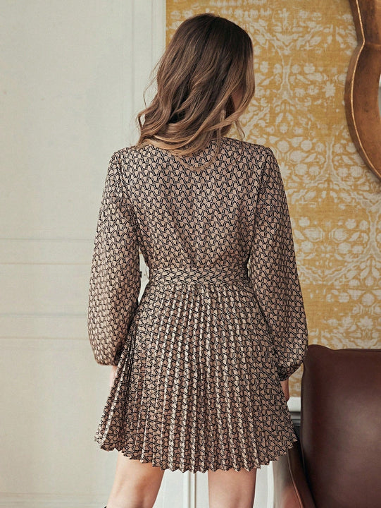 Frenchy Vestido con cinturon con estampado de manga farol