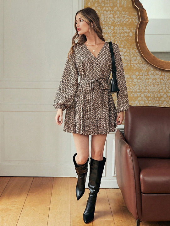 Frenchy Vestido con cinturon con estampado de manga farol