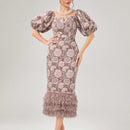 Modely Vestido ajustado jacquard de cuello notch de manga farol ribete lanudo con abertura trasera