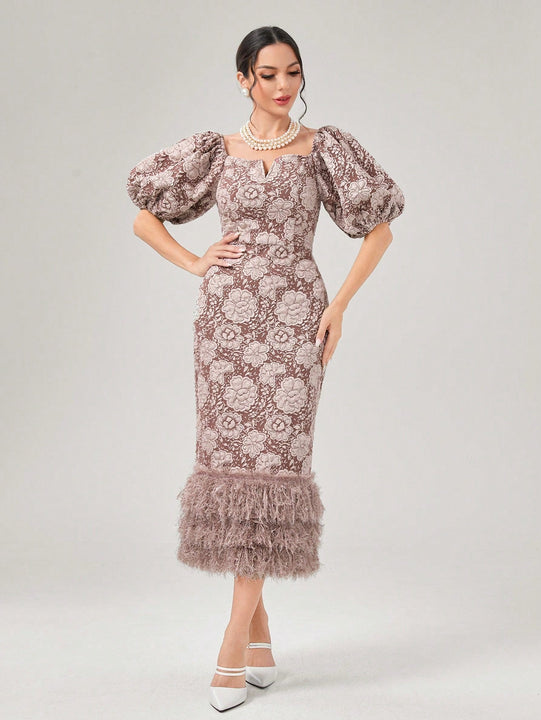 Modely Vestido ajustado jacquard de cuello notch de manga farol ribete lanudo con abertura trasera