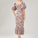 Modely Vestido ajustado jacquard de cuello notch de manga farol ribete lanudo con abertura trasera