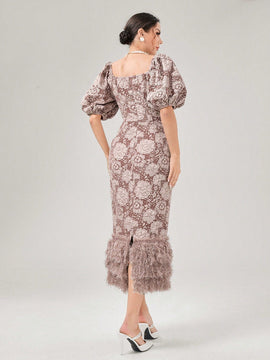 Modely Vestido ajustado jacquard de cuello notch de manga farol ribete lanudo con abertura trasera