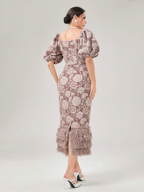 Modely Vestido ajustado jacquard de cuello notch de manga farol ribete lanudo con abertura trasera