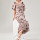 Modely Vestido ajustado jacquard de cuello notch de manga farol ribete lanudo con abertura trasera